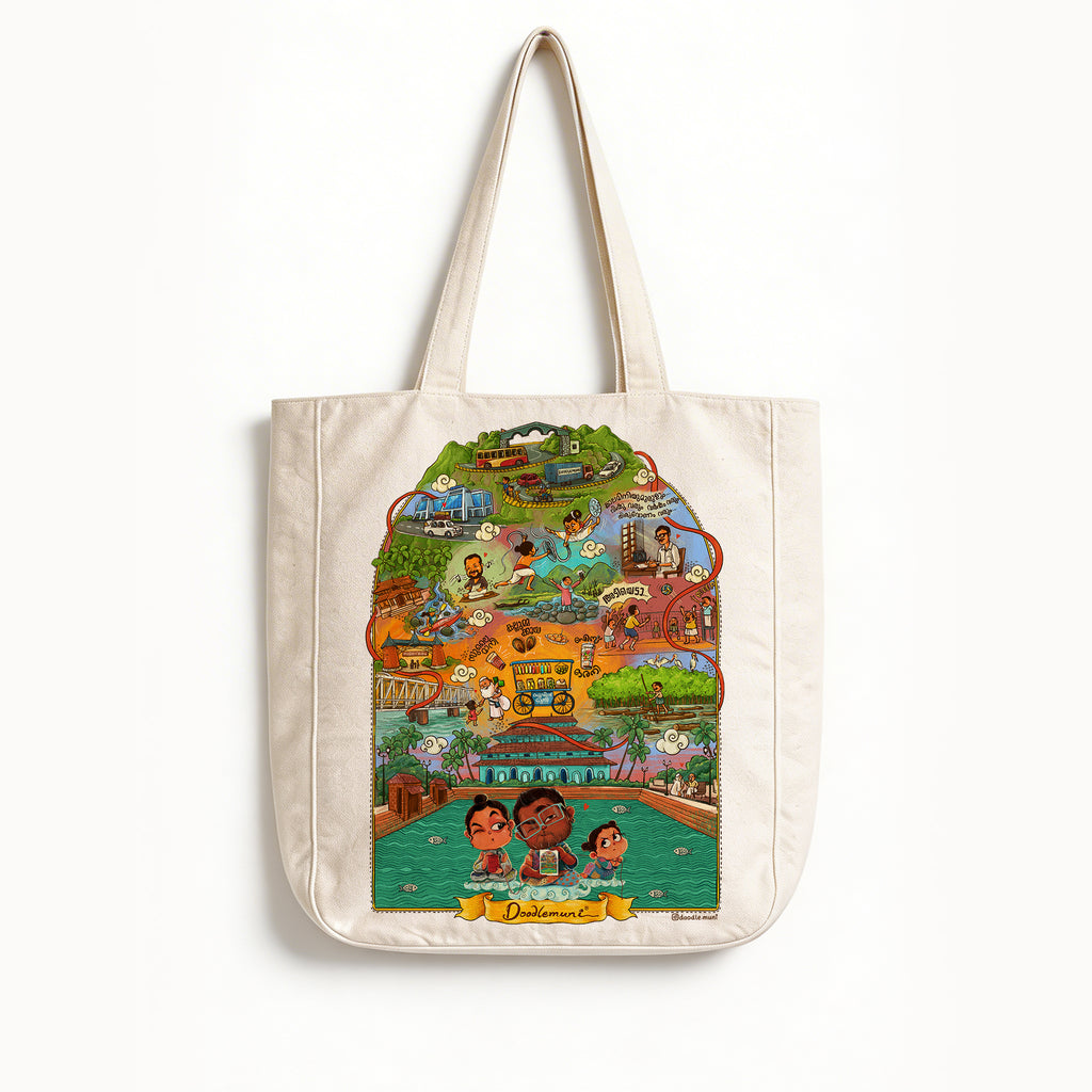 Tote bag with colorful illustration of a town on a white background