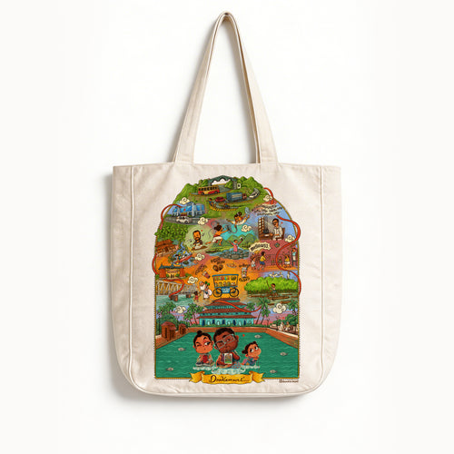 Tote bag with colorful illustration of a town on a white background